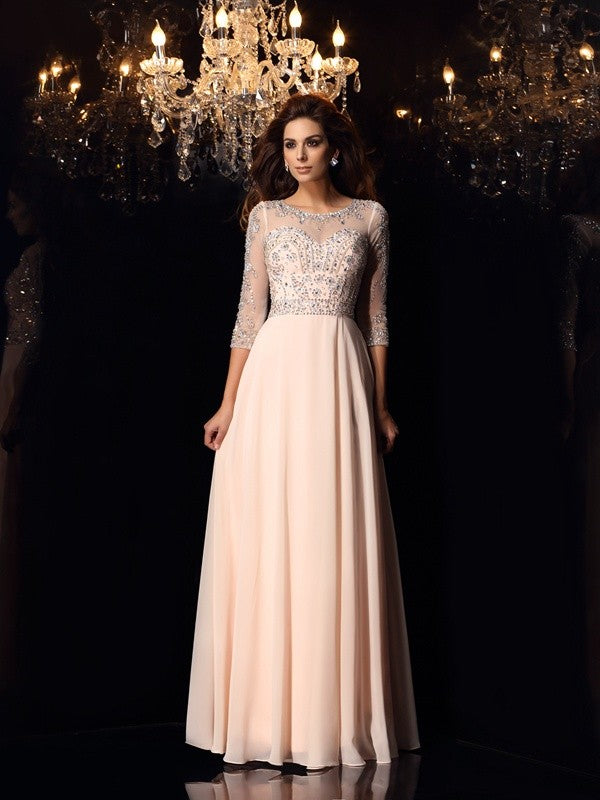 Scoop Beading 3/4 Sleeves Long Chiffon Dresses
